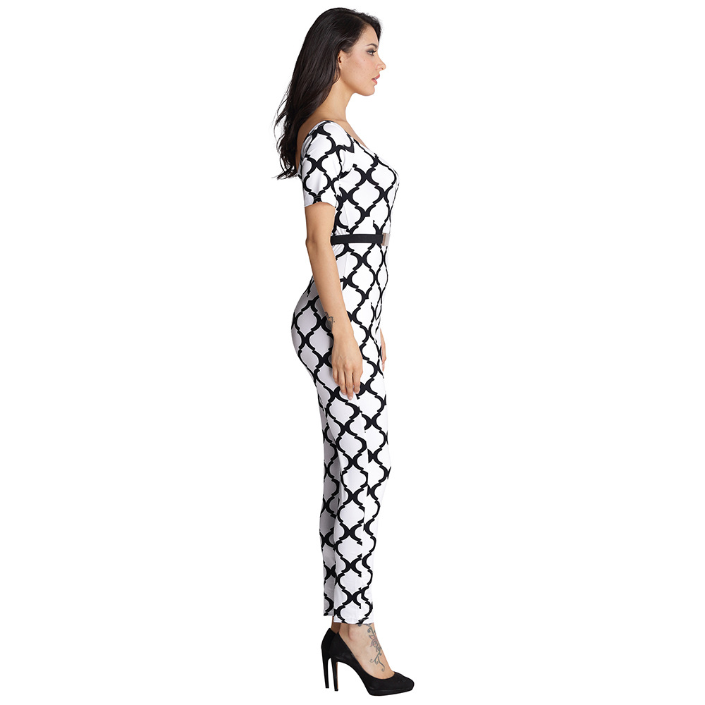 F2516-1 Women Jumpsuits Fashion Print Off the Shoulder with Belt